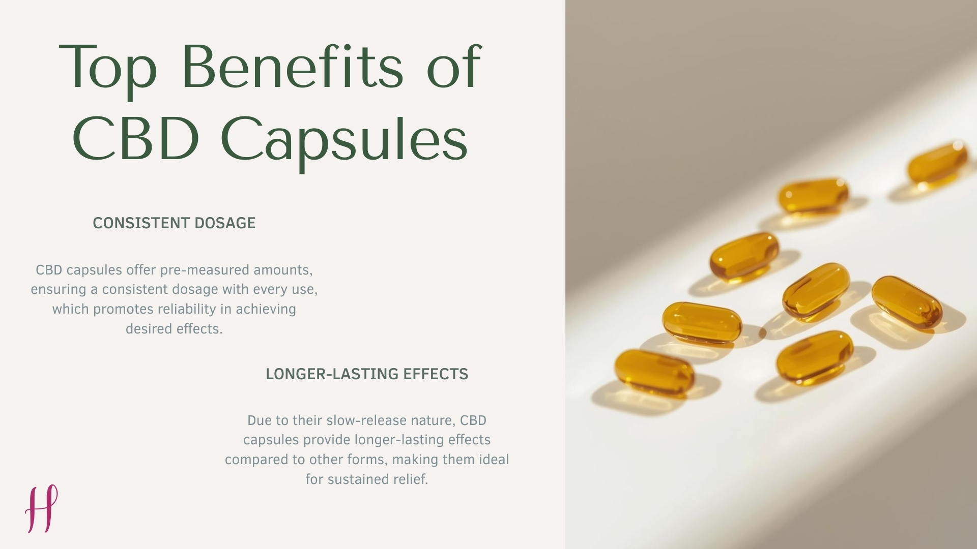 Top Benefits of CBD Capsules with golden softgel capsules on light background